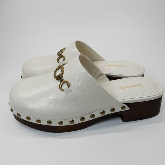 Larroude Zuzi Bit Mule Clogs Slip on Size 6 Ivory Cream Leather Wooden Studs NEW - Picture 5 of 15
